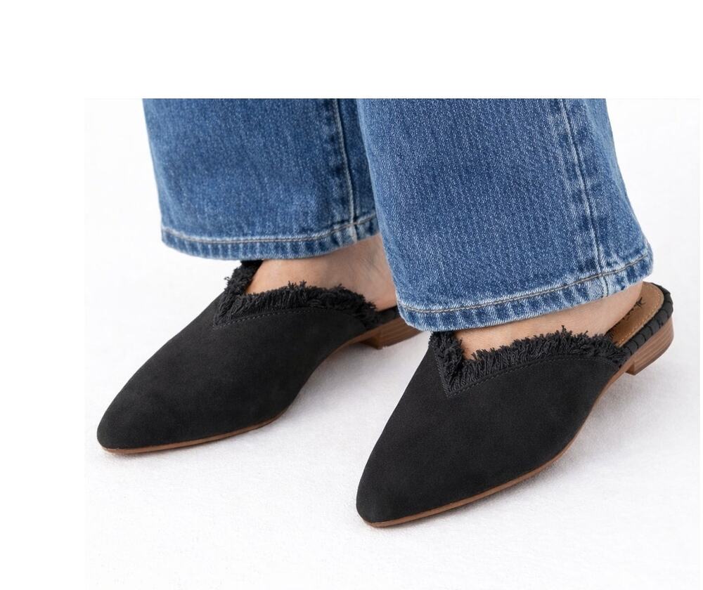 Free People Newport Fringe Leather Mules Black Pointed Toe Slides Women's 7